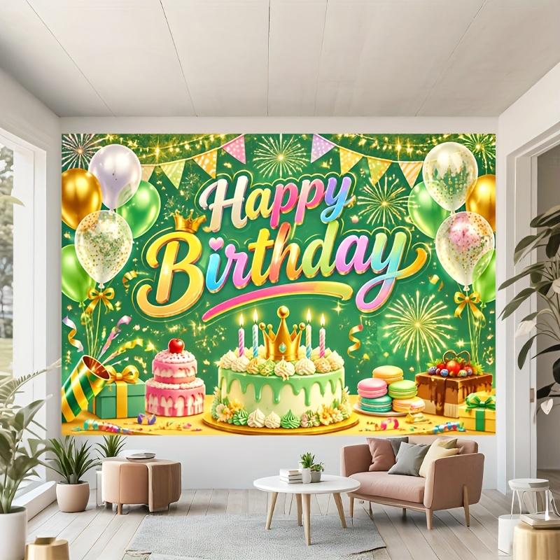 Vibrant Rainbow-Gradient Happy Birthday Script with Festive Balloons, Glittering Fireworks, Layered Cakes and Gift Boxes, Ideal for