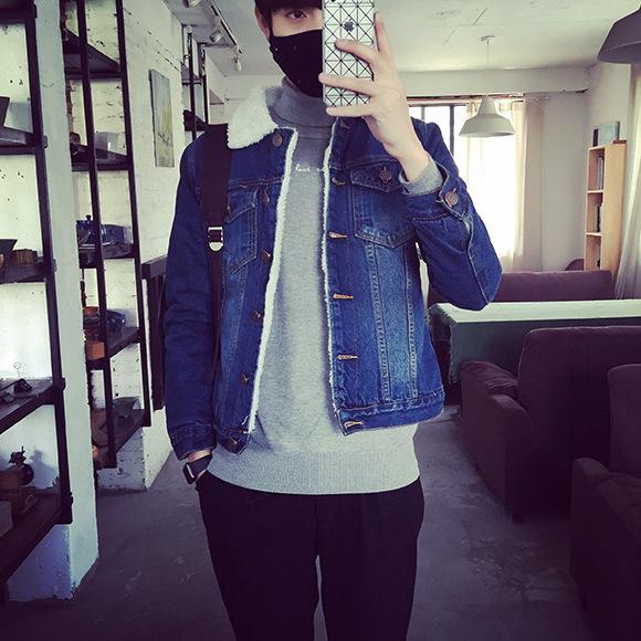 Мужская зимняя джинсовая куртка в стиле ретро с меховым воротником и подкладкой из овечьей шерсти