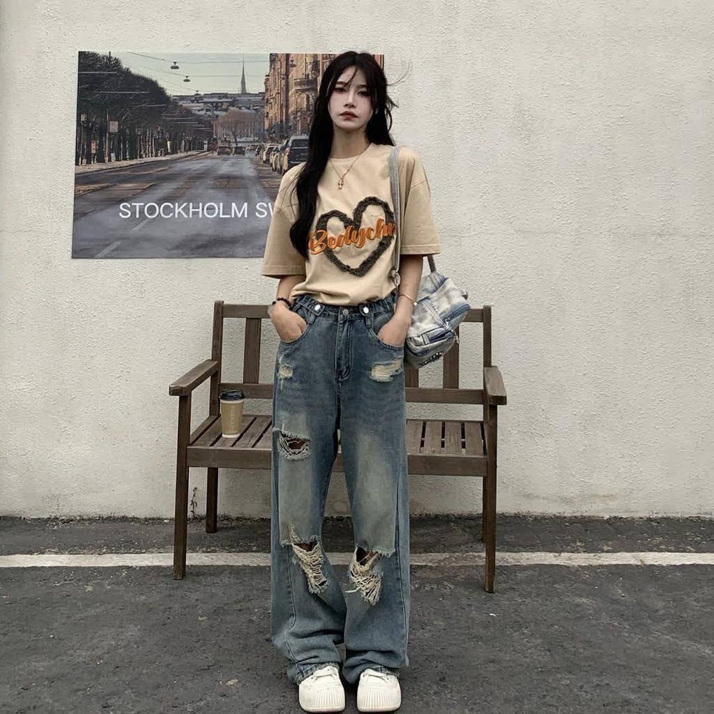 American Retro Perforated Jeans Women's High Waist Straight Crotch Loose Slim Wide-leg Drag Pants