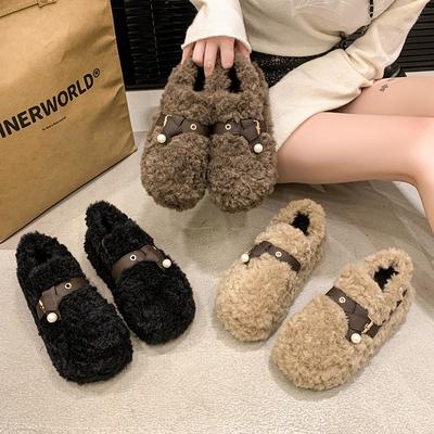 Пушистые туфли на толстой подошве для женщин для ношения на улице 2025 осень и зима новые полушлепанцы с закрытым носком и бархатной подкладкой для тепла ins домашние хлопковые тапочки