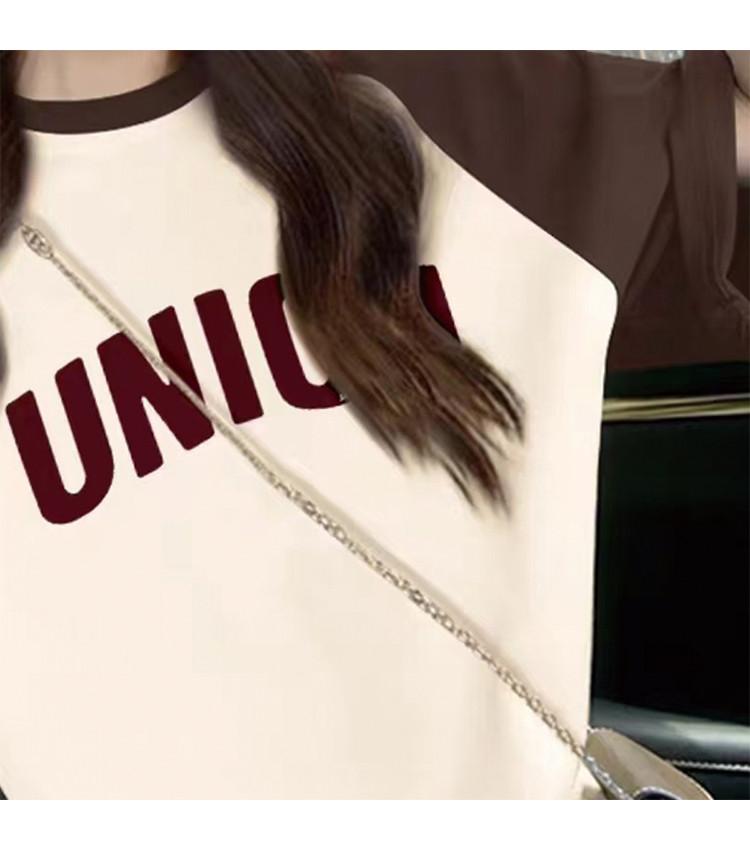 2025 Summer New Loose Casual Color Contrast Splicing Letter Printed Short-sleeved T-shirt for Women