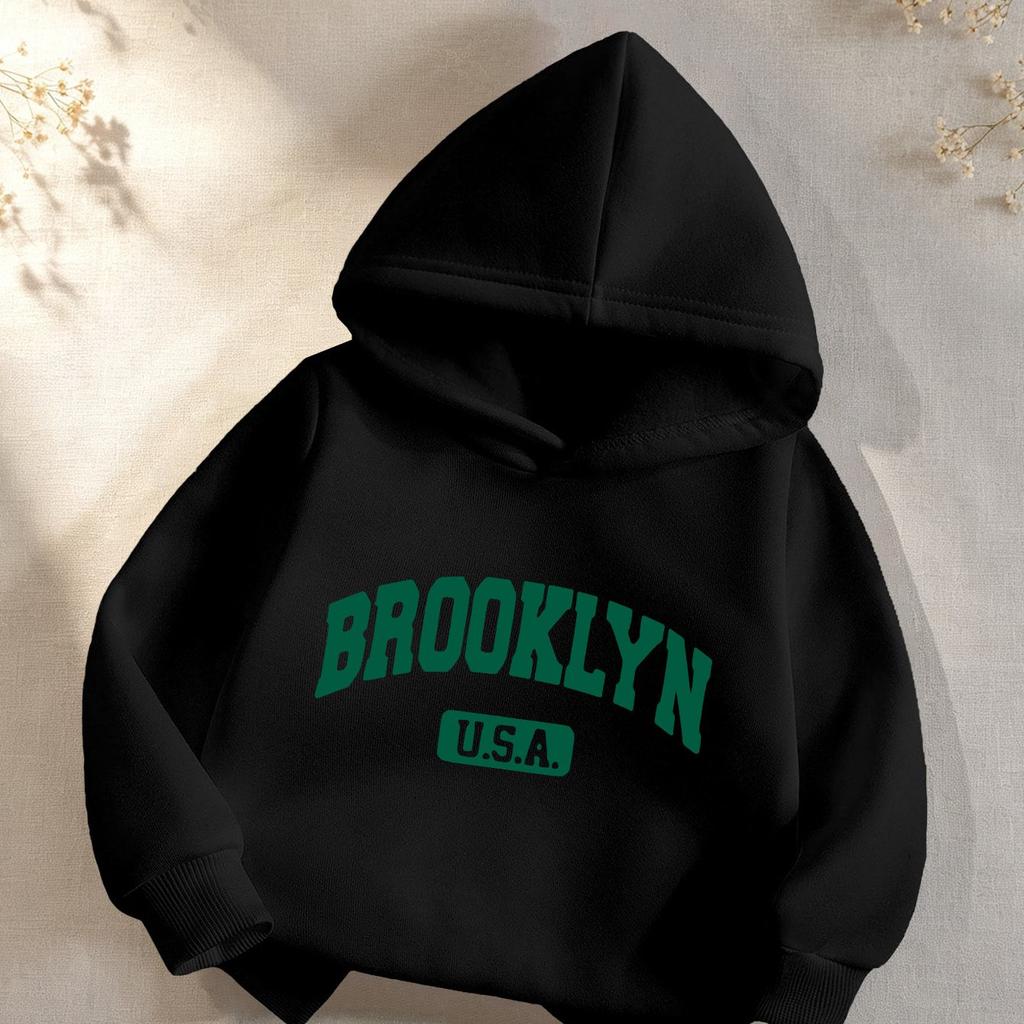 Boys' Fleece-Lined Warm Hooded Pullover – "BROOKLYN USA" Letter Print – Casual Athletic Sweatshirt for Autumn/Winter