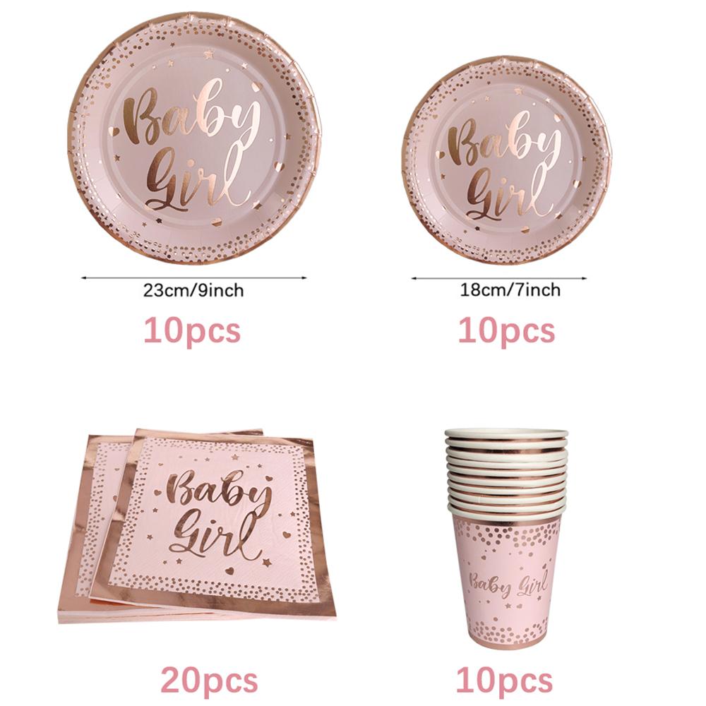 Baby Girl Disposable Tableware Pink Striped Rose Gold Paper Plates Cups Napkins for Baby Shower Birthday Party Decorations