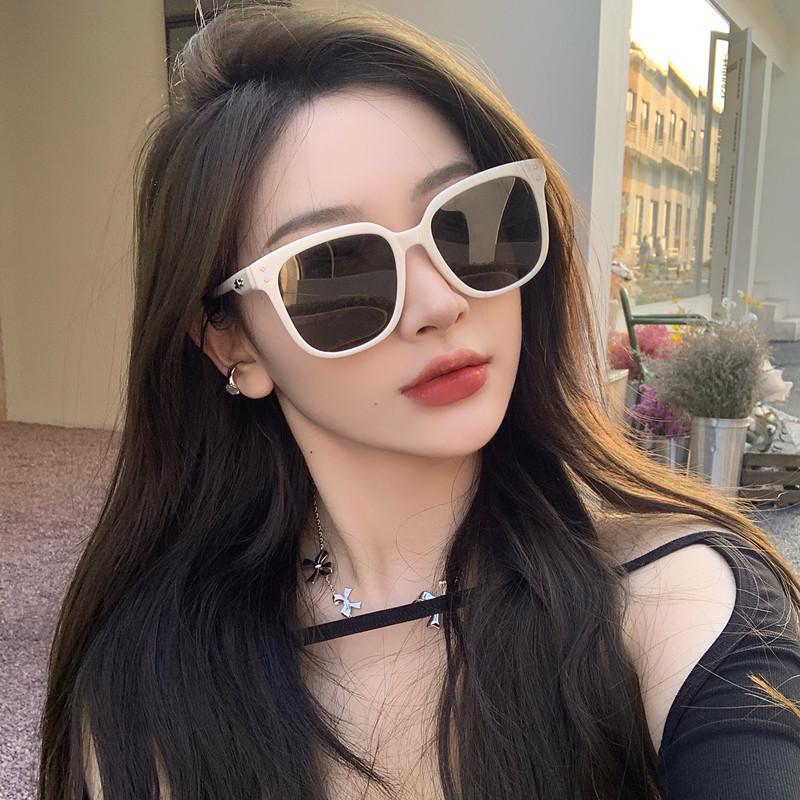 Sunglasses women's new high-end big face thin sunglasses UV protection white frame sunglasses men