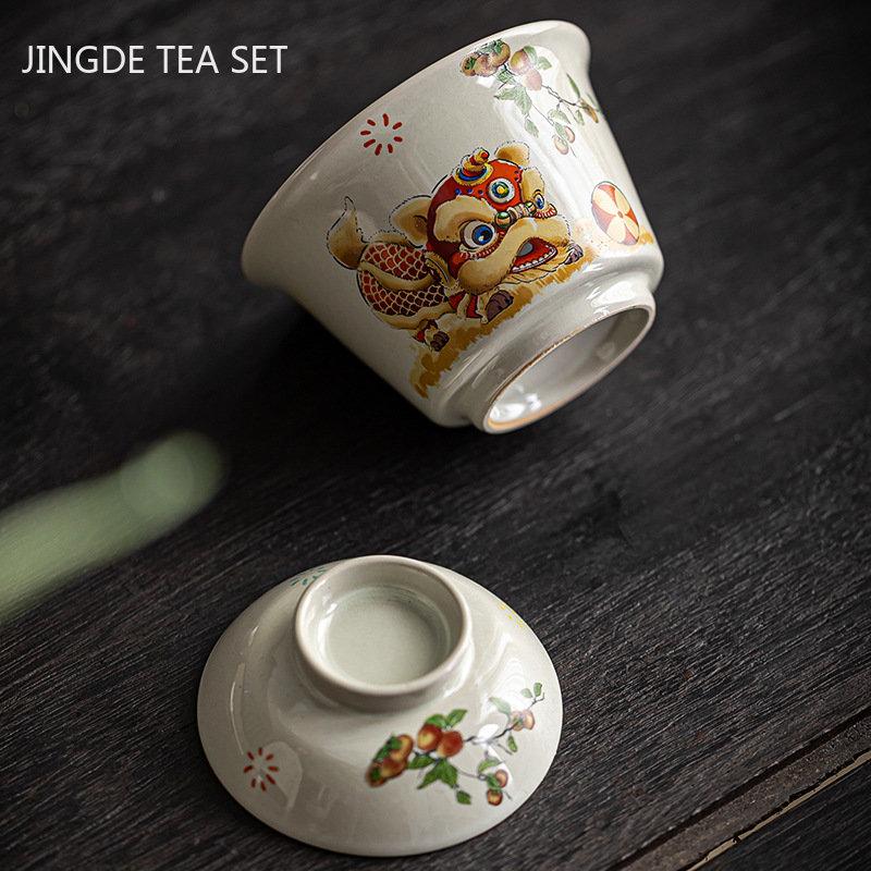 Ceramic Handmade Gaiwan Creative Color Painting Lion Tea Tureen Portable Office Tea Bowl with Cover Teacup Chinese Tea Set