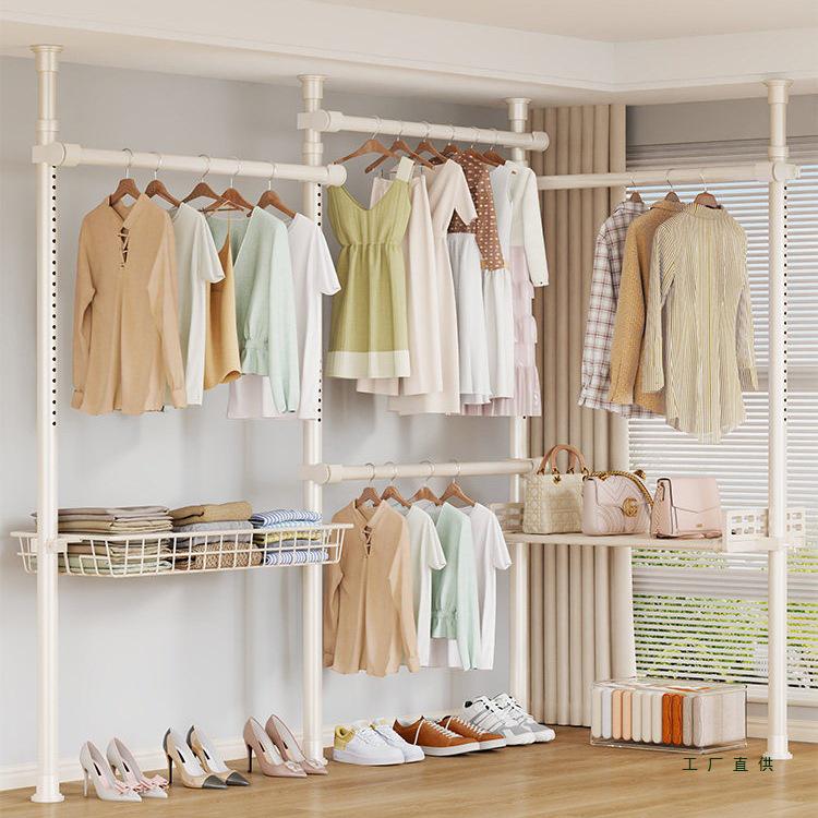 Floor-Standing Clothes Rack: Bedroom Hanger, Retractable Drying Rod, Coat & Hat Rack.