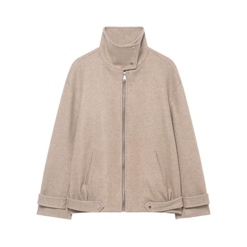 Womens Fall Jacket Korean Casual Loose Stand Collar Zip Up Solid Color Outerwear Trendy Street Style