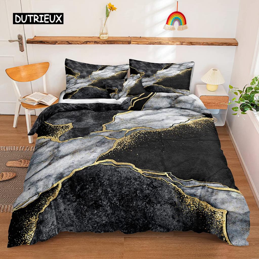 Мраморный пододеяльник Черное мраморное постельное белье Черное белое золото Абстрактная мраморная текстура Полиэстеровый пододеяльник Двуспальный размер Queen King Size