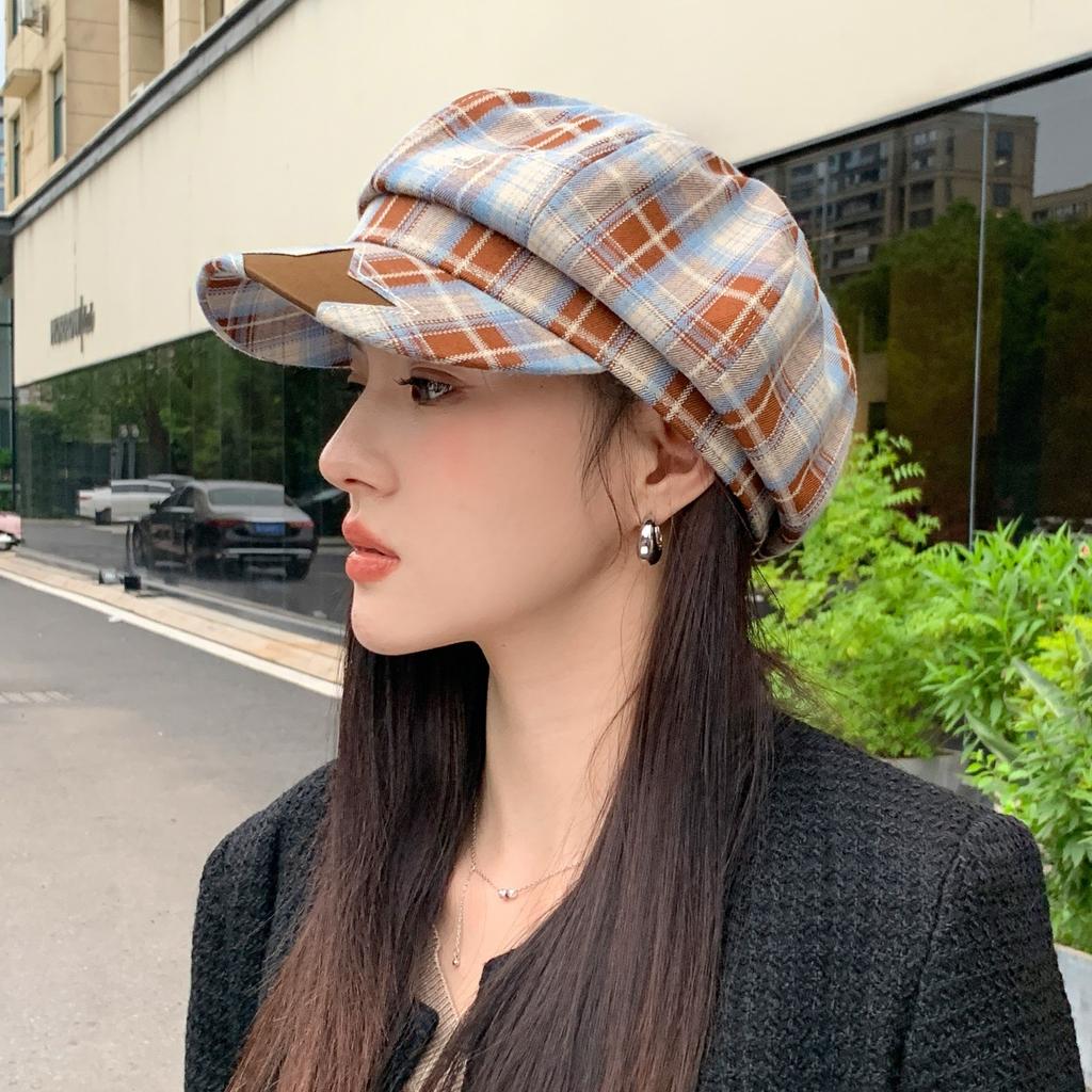 Plaid star star star beret female British style painter hat big head circumference square face showing face small newsboy hat