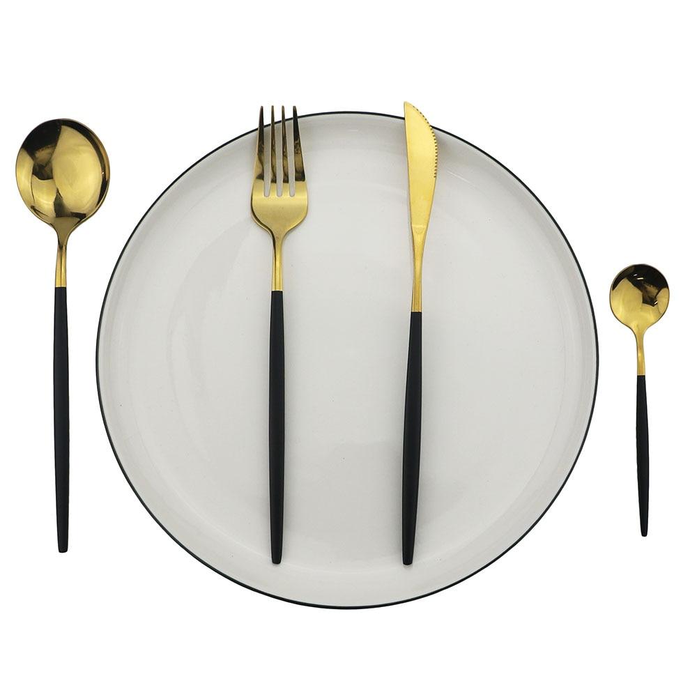 30pcs Black Gold Dinnerware Set Stainless Steel Flatware Set Cake Fork Coffee Spoon Knife Silverware Tableware Set Cutlery Set