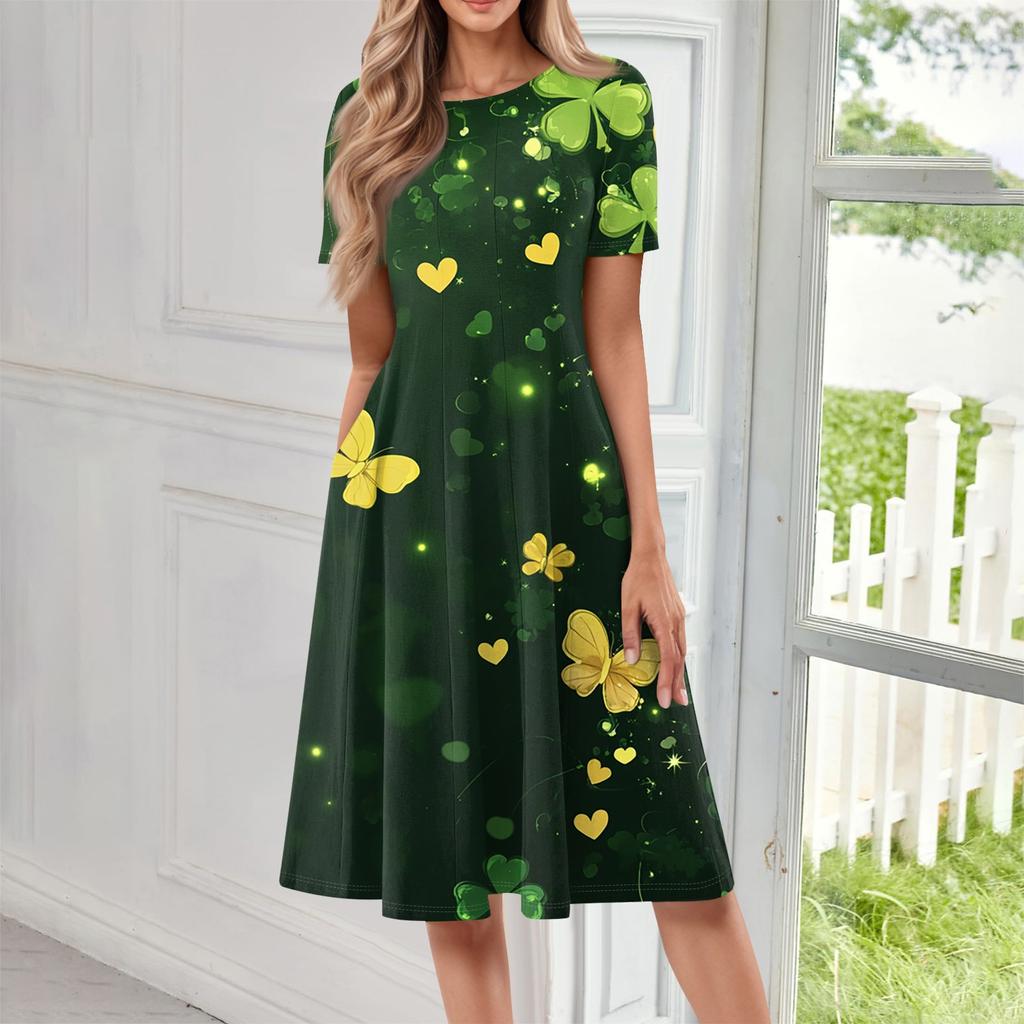 Женское повседневное модное платье миди с круглым вырезом и коротким рукавом с принтом