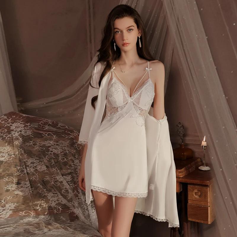 Silk Pajamas Women's Nightgown Set Slip Dress with Push Up Bra Sexy Women's Pajamas