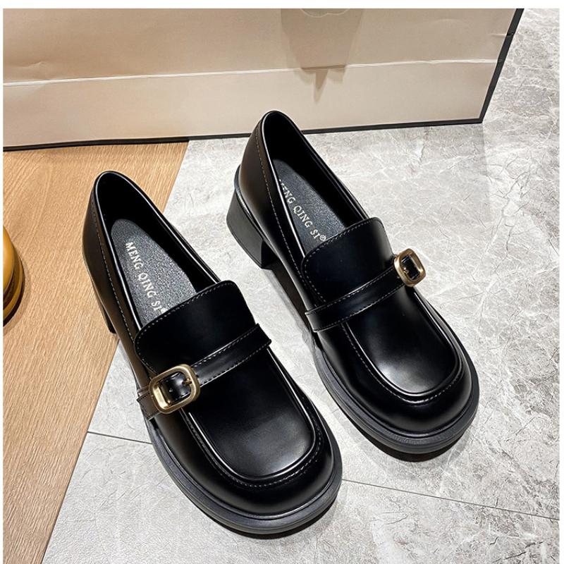 2024 Новые туфли из кожи в стиле ретро с круглым носком, весна-осень, толстый каблук, толстая подошва, одинарные туфли