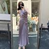 Purple Swing Collar Dress with Flare - Feminine Long Birthday Party Dress