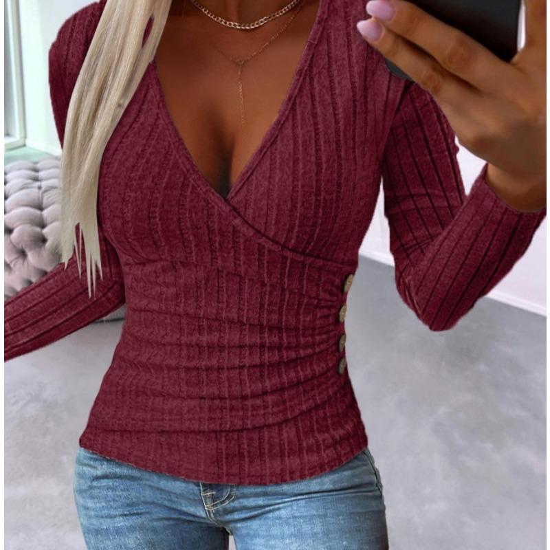 YYFS Женские модные повседневные весенне-осенние однотонные блузки и рубашки с v-образным вырезом и длинным рукавом с принтом