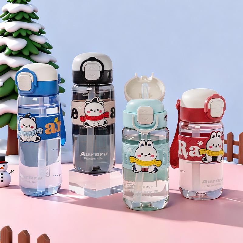 Water bottle High value children's water cup Male and female students go to school special cup Cute double drink straw cup Sports portable