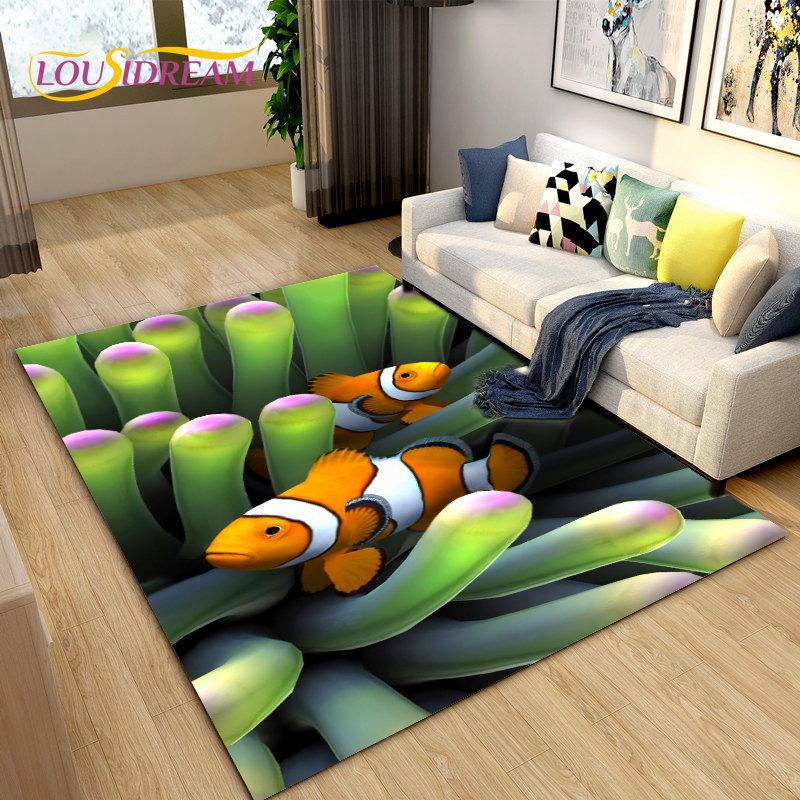 Подводный мир Морское дно Рыба Дельфин Коврик Большой, Коврик для гостиной Спальня Диван Коврик Кухня, Нескользящий напольный коврик