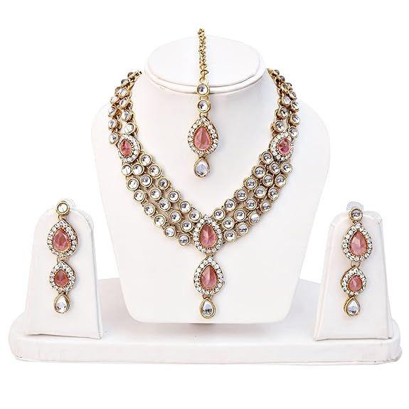 Latest Stylish 18k Gold Plated Traditional Kundan Necklace Jewellery Set for Women
