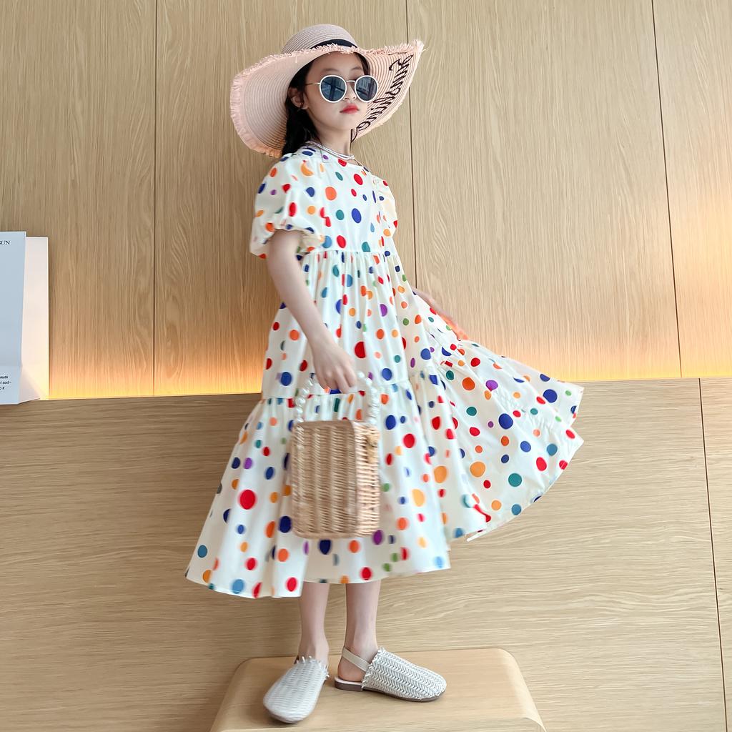Fashion Summer Girls Dress Dot Beach Long Dress For Girl Bohemia Children Princess Loose Dresses Costume Teen 8 10 12 14 Y