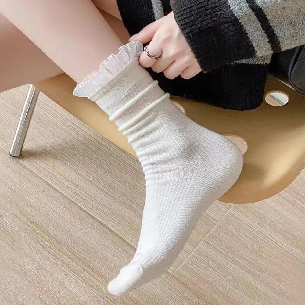 1 пара женских носков средней длины с жемчужной отделкой, модные плиссированные носки с отворотом, кружевные носки в стиле Лолиты Jk, универсальные хлопковые носки для девочек