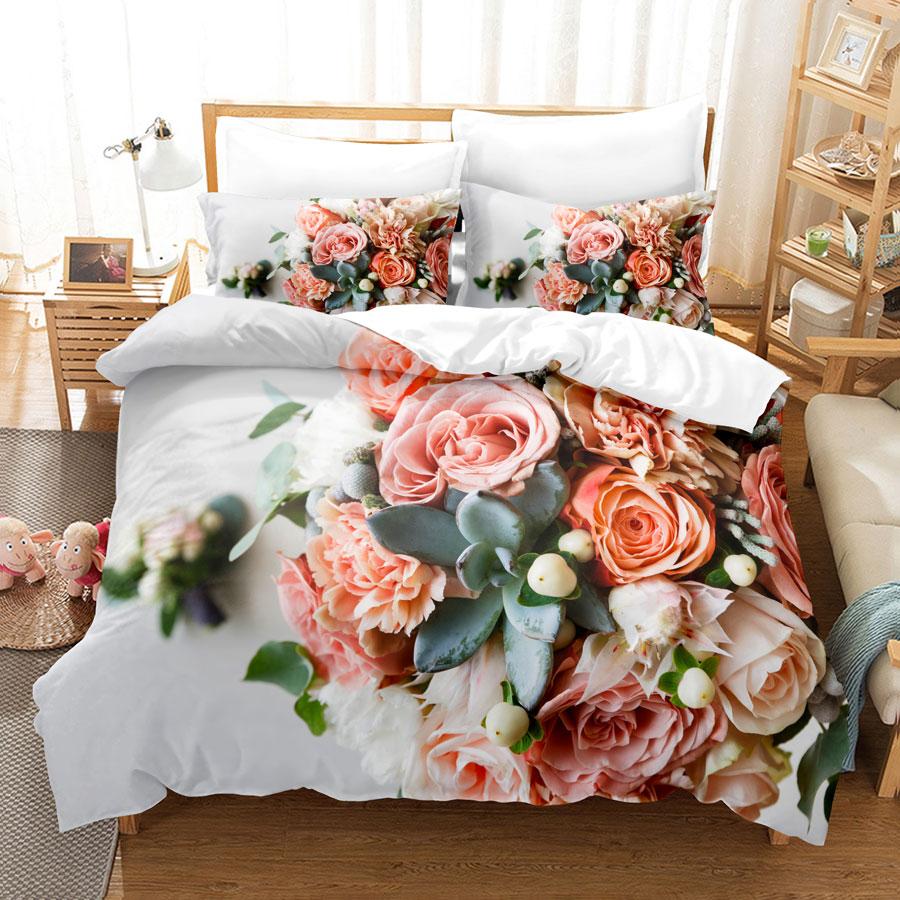 Pink Flower Duvet Cover and Pillowcases Set King Size 220x240 Double Bed Single 3D Queen Bedding Sets Pink Full Twin Quilt Linen