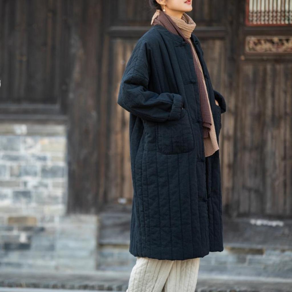 Women Vintage Linen Stand Parkas Solid Color Long Sleeve Warm Coats Button Patchwork Pockets Winter Parkas