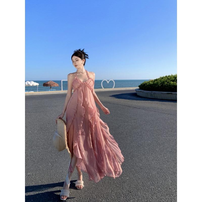 Женские летние темпераментные висячие шеи с открытой спиной, праздничные пляжные длинные свободные платья