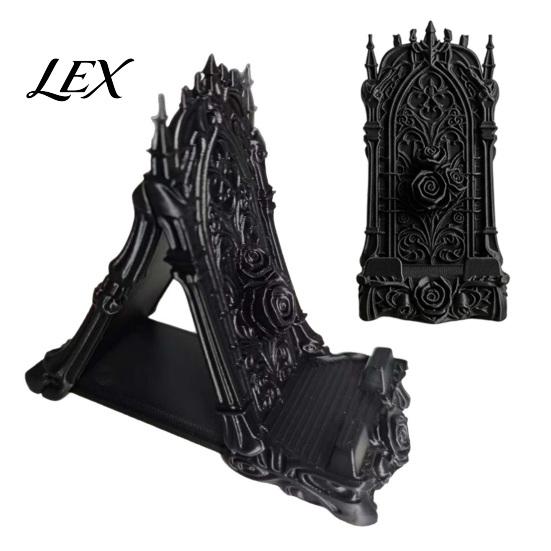 Black PLA Desktop Accessory 3D Printed Gothic Rose Phone Stand, Vintage Church Carved Stable Triangular Tablet Stand Holder, Dark Aesthetic