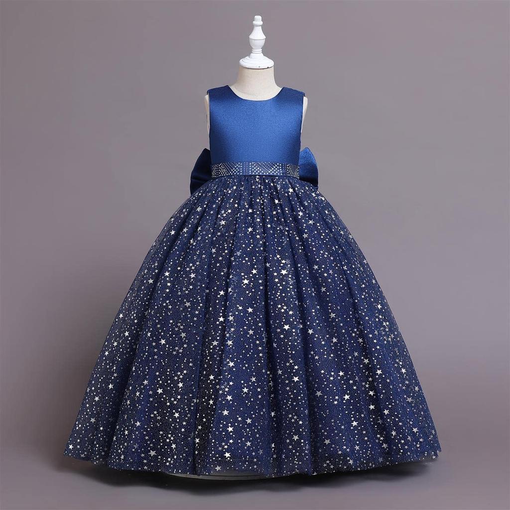 VIISEN Dress for Piano Formal Dress with Bow and Junior Long Dress with Star Suitable for and Size Children's Recitals, Girls' Ribbon, Pattern, Stage,