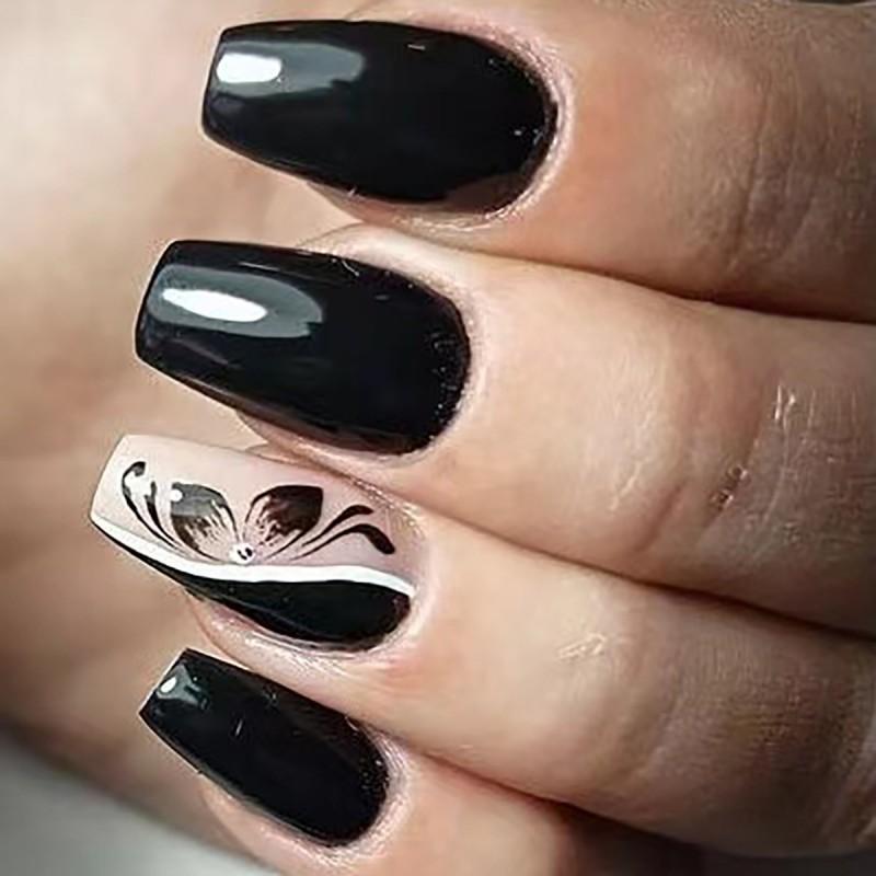 Black Floral Rhinestone Press-On Nails 24pcs Full Cover False Elegant Look