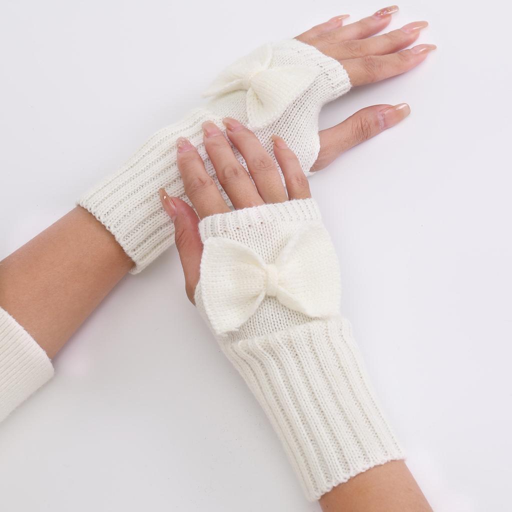 Теплые и стильные женские вязаные перчатки до половины пальцев с декором в виде банта для занятий спортом на открытом воздухе, катания на лыжах и велосипеде