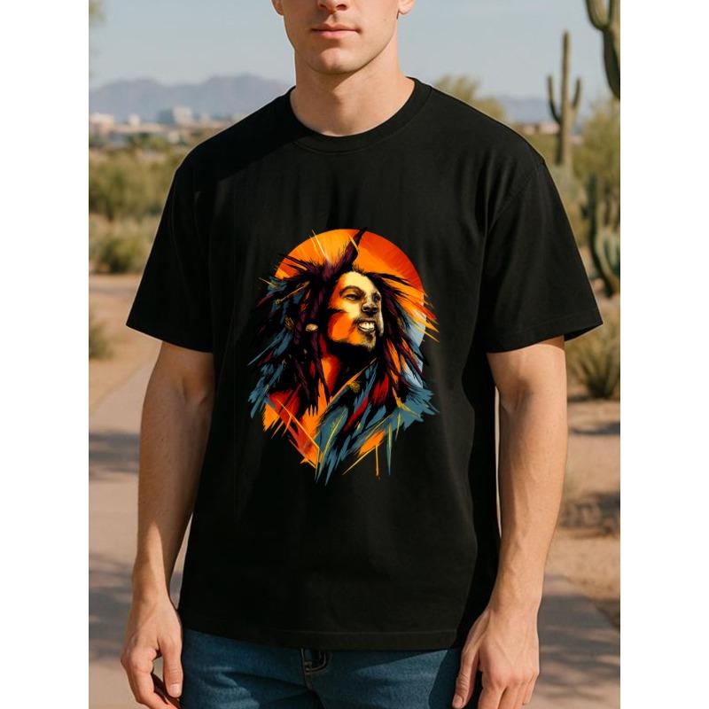 Европейский размер Аватар вокалиста регги Цветной Аватар Музыкальный Ретро-стиль Однотонный Принт Футболка | Всесезонный Повседневный Стиль, Универсальный Повседневный Топ, Топ с Круглым Вырезом