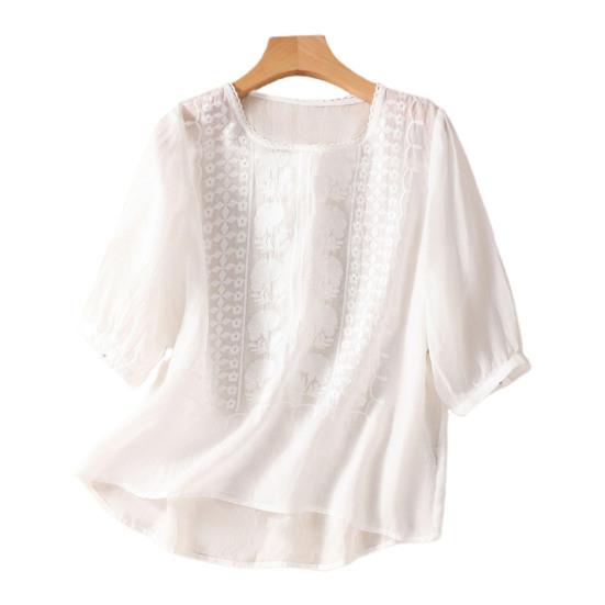 Женский летний топ с цветочной вышивкой, винтажная летняя блузка с круглым вырезом и половиной рукавов, тонкая Свободная летняя блузка в этническом стиле для свиданий, женская одежда
