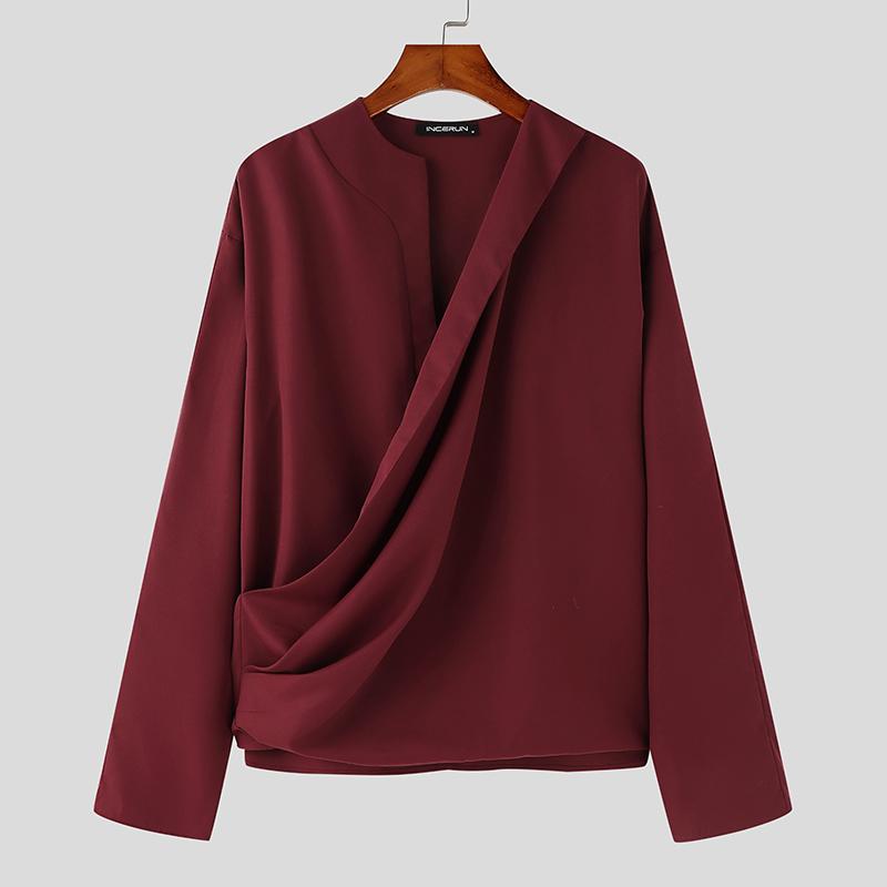 INCERUN Мужские рубашки с длинным рукавом и оборками, топы с открытым передом, повседневные топы