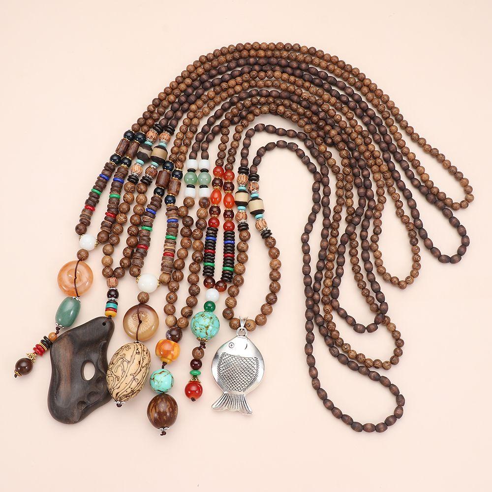 Подарок на удачу в стиле бохо, этнические украшения ручной работы, мала, деревянные бусины, рог, кулон в виде рыбы, ожерелье Непала, буддийское