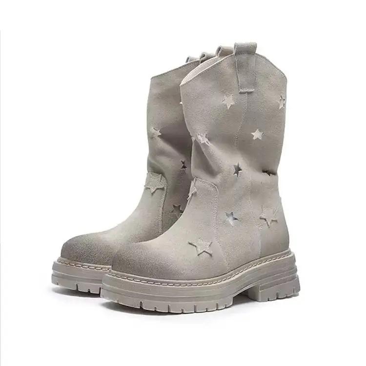 Звезды без застежек до середины икры сапоги ажурная платформа толстый каблук средний круглый носок женские туфли милые сапоги для отдыха для женщин