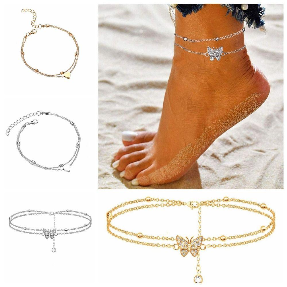 Heart-shaped Layered Foot Ankle Bracelet Double Layer Summer Butterfly Anklet Fashionable   Summer