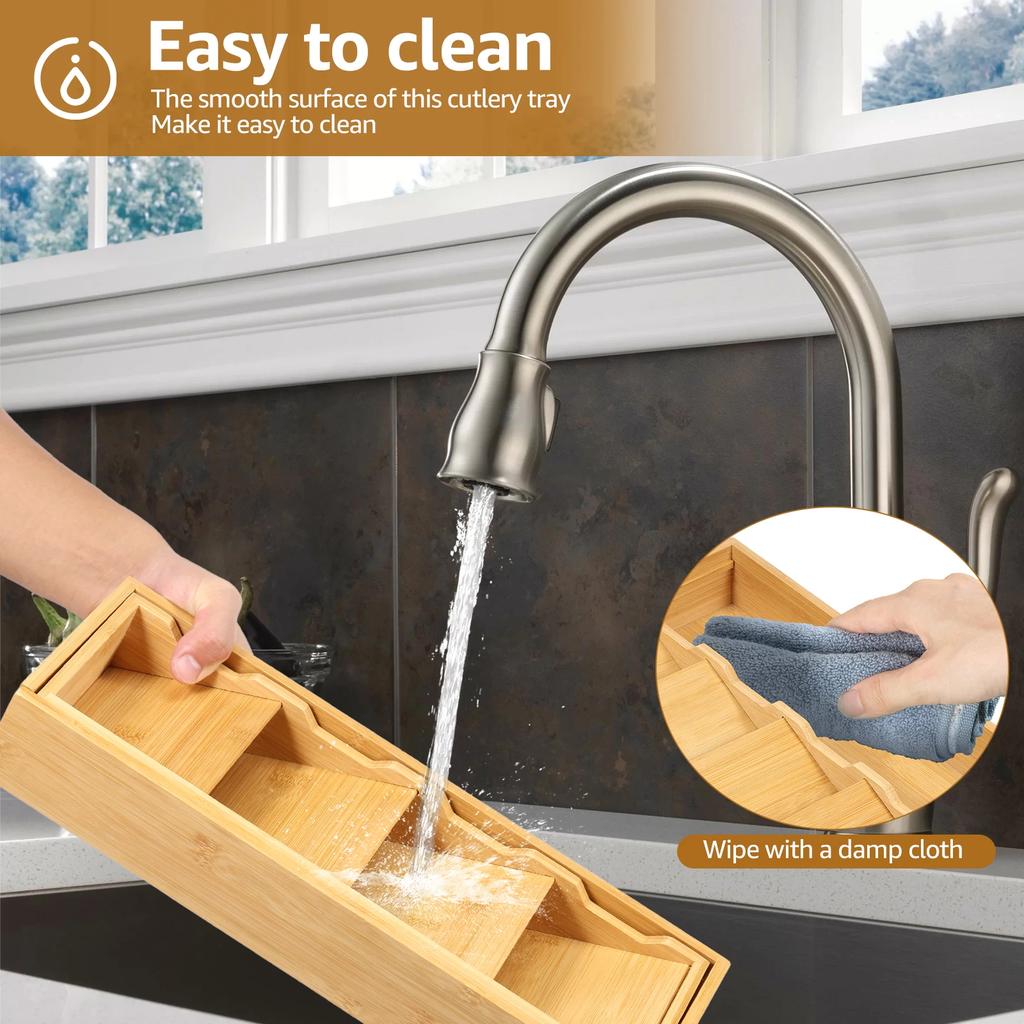 Expandable Drawer Tray Cutlery Organizer Kitchen Silverware Utensil Flatware Cutlery Spoons Knives Bamboo Storage Tray