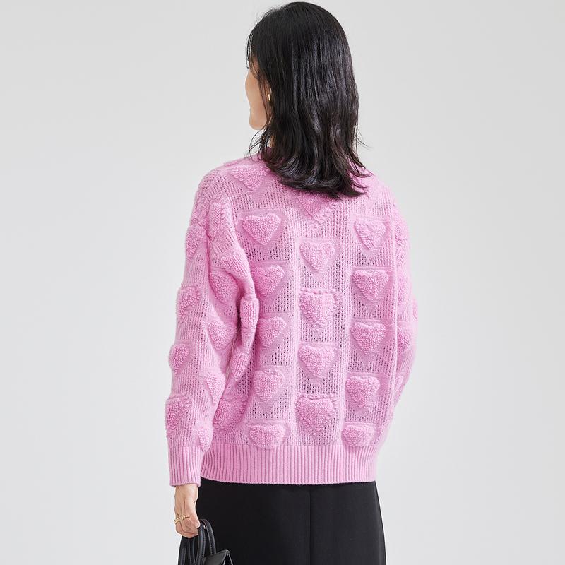 [Thick 100% Wool] Autumn/Winter Round Neck Long Sleeve Solid Color Triangle Love Women's Hoodie Wool Sweater