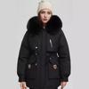 Женские парки 2024 Зимняя женская хлопковая куртка с меховым воротником Теплые пальто с капюшоном Женское зимнее пальто с завязками на талии