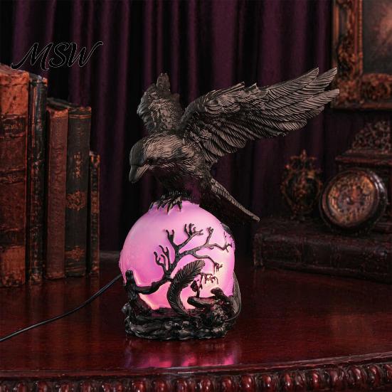 Gothic Halloween Crow Light Lamp, with Purple Ball, Resin Night Light, Realistic Sculpture USB Powered Dark Style Statue for Bedroom Living