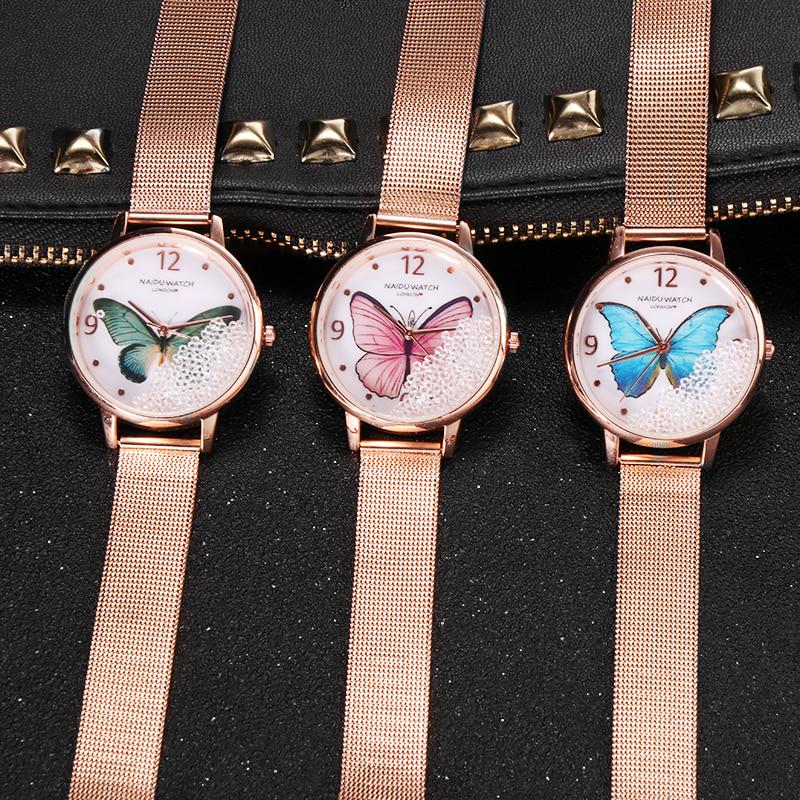 Роскошные женские часы с металлической сеткой, часы из розового золота с браслетом из нержавеющей стали и бабочкой, женские кварцевые часы Relogio Feminino
