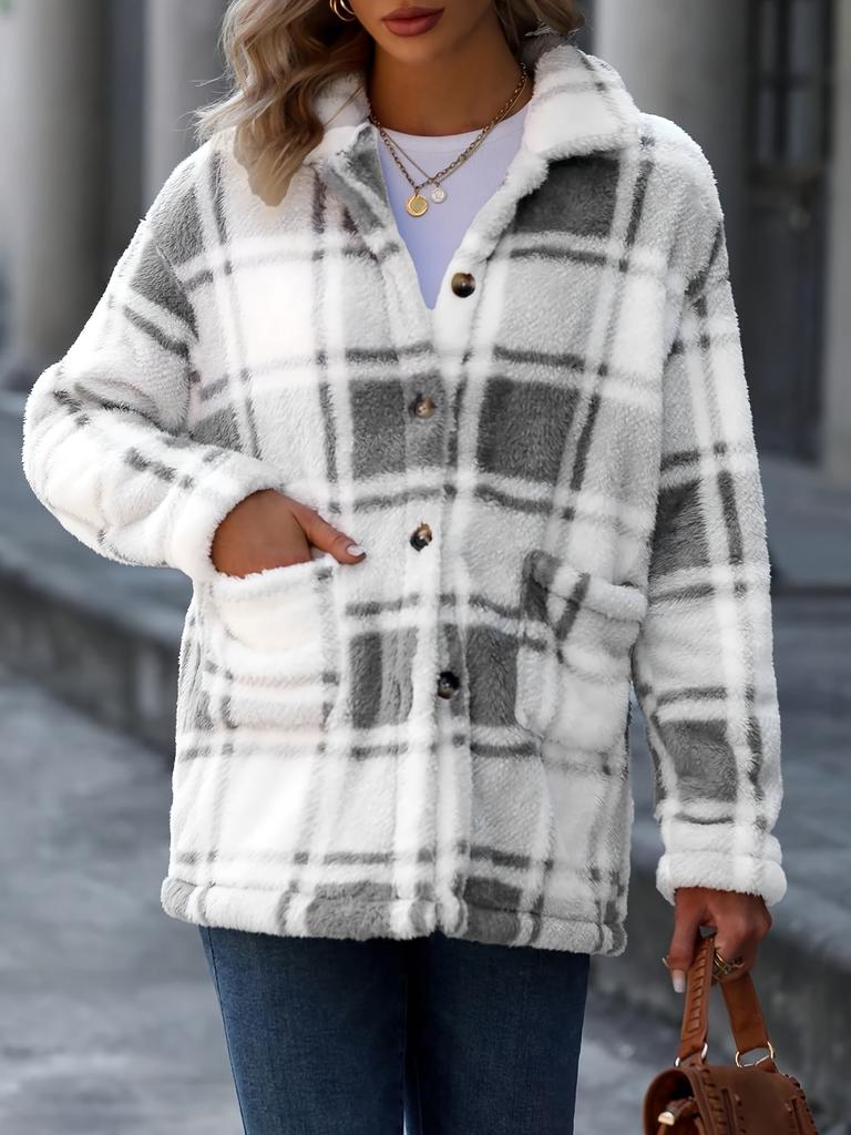 Women'S Plaid Check Faux Fur Coat with Double Pockets - Stylish Fall/Winter Outerwear, Button-Up, Fall Winter Coat | Check Pattern Coat
