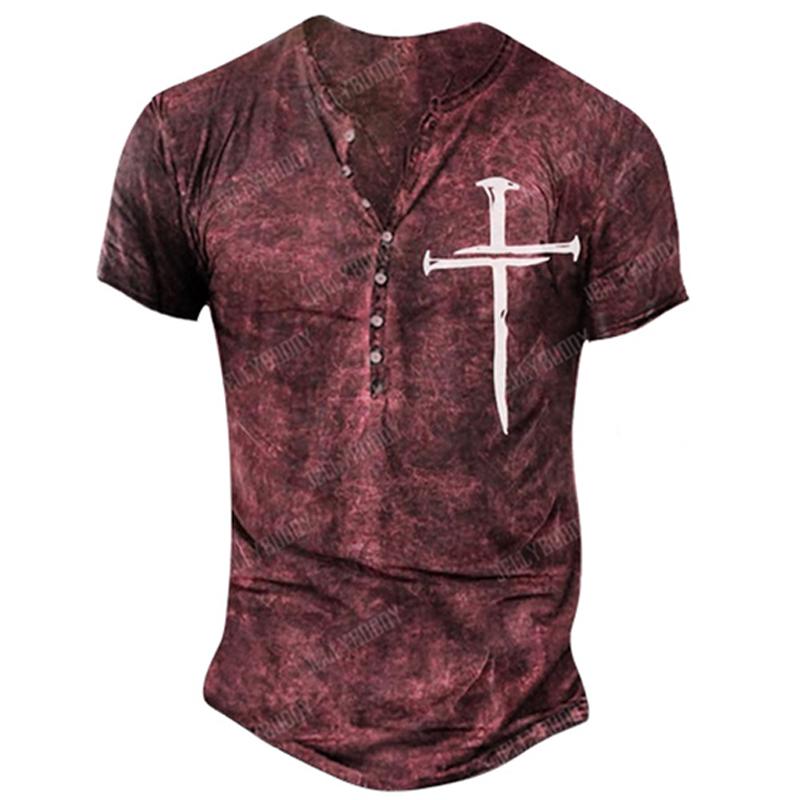 2023 Новая летняя модная футболка в винтажном стиле с коротким рукавом, мужские приталенные футболки с V-образным воротником и пуговицами, топы.