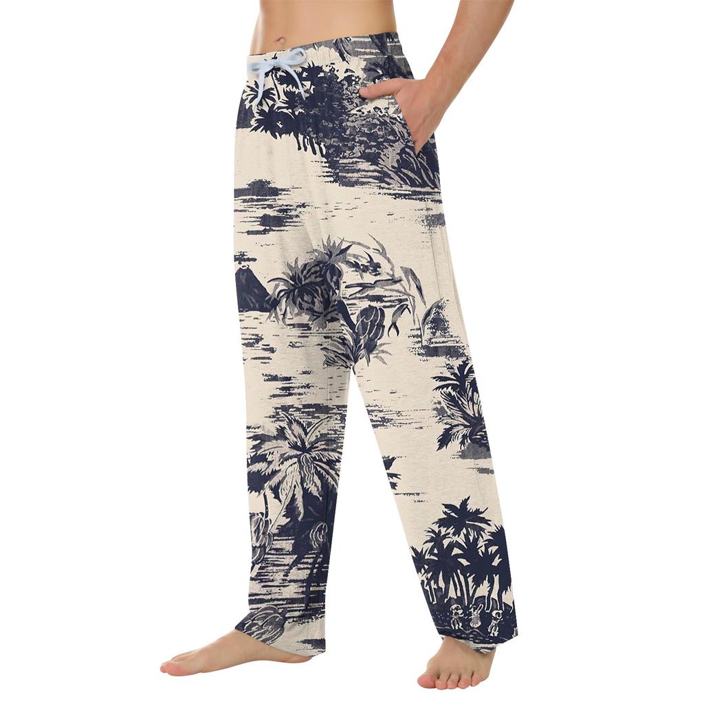 Мужские мягкие домашние пижамные штаны с гавайским принтом, повседневные спортивные штаны с завязками