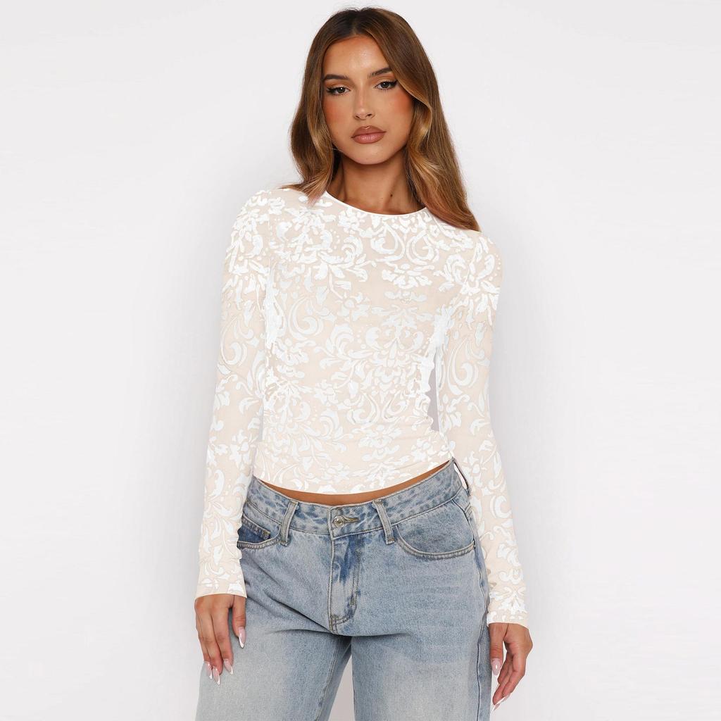 Long Sleeve Shirts for Women Round Neck Floral Tops Slim Fit Casual Fall Work Blouses Going Out Outfits