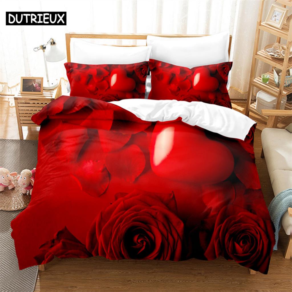 3D Принт Красной Розы - 3 предмета Комплект Пододеяльников, Доступен в размерах Кинг, Квин, Двуспальный, Односпальный и Двойной