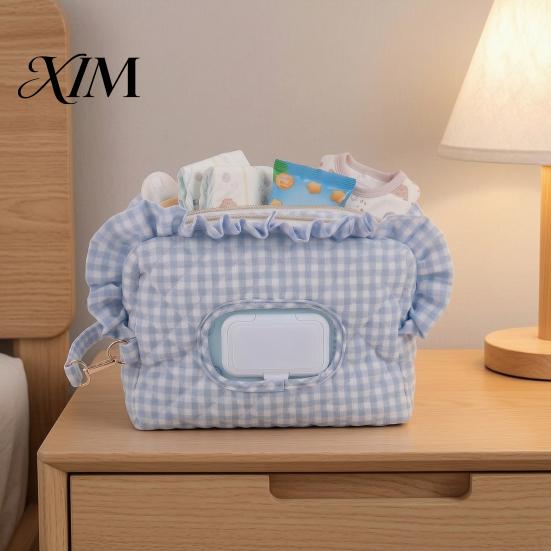 Portable Wet Wipe Pouch Quilted Diaper Wipes Bag with Hanging Strap, Dual Compartment Zipper Plaid Ruffle Storage Bag, Large Capacity Dispenser