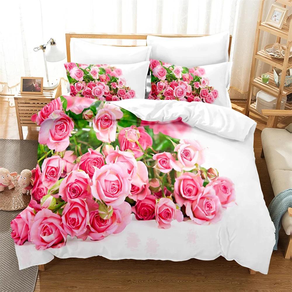 Rose Duvet Cover Set 220X240 for Double Bed Quilt Comforters Cover Pink Floral Bedding Set 3PCS 2PCS Single Beds Queen Full Size