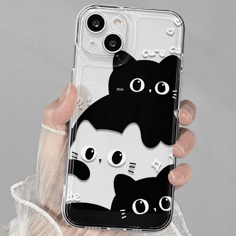 Черно-белая кошка Чехол для телефона для iPhone 12-17 Pro Max, Прозрачный и Мягкий